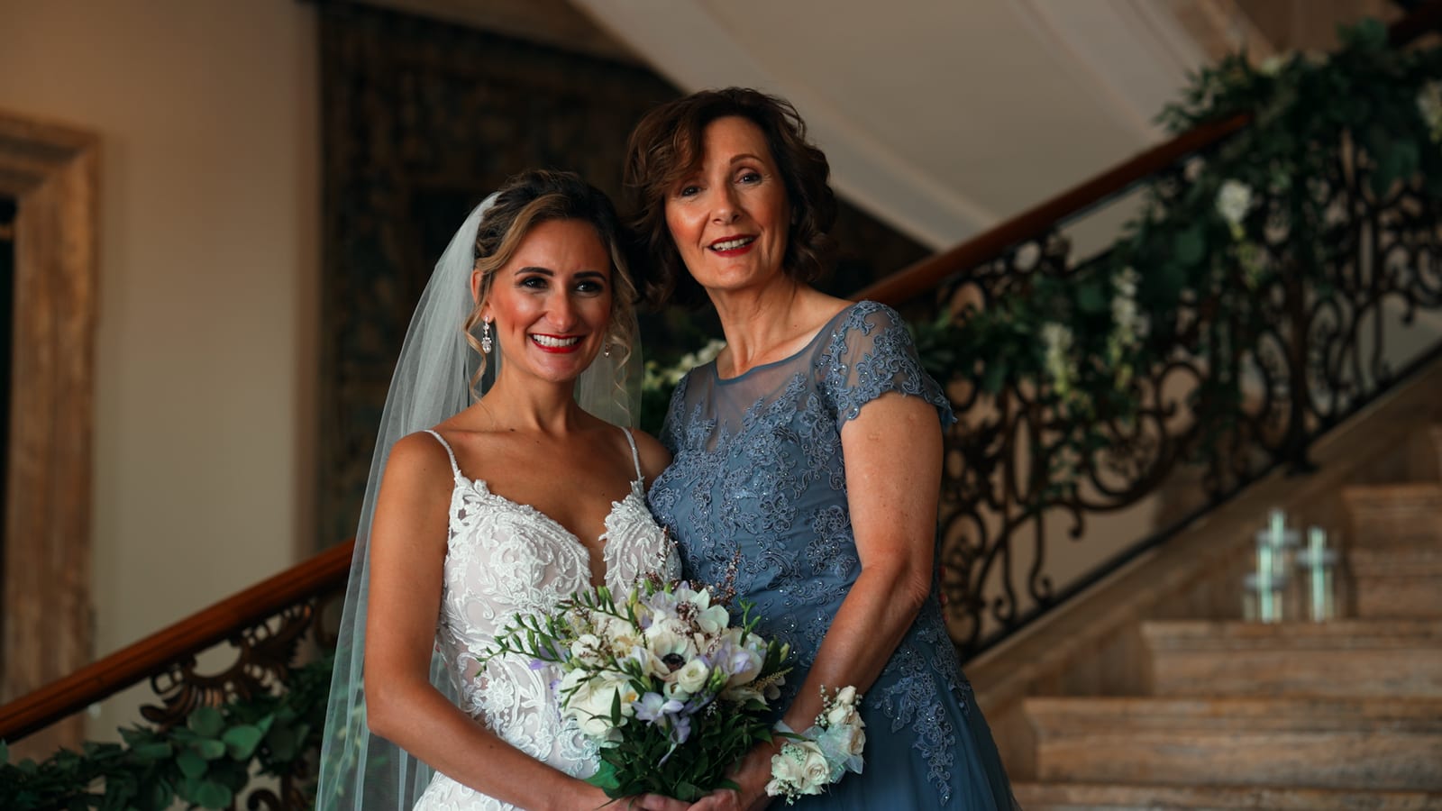 Jasna Polana Wedding Videography Victoria and her mother on the grand staircase